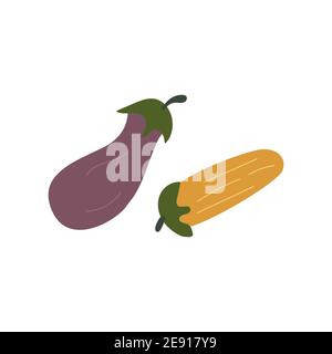 Eggplant and zucchini. Purple and yellow vegetables. Colorful vector illustration in cartoon style isolated on white background. Violet aubergine. Har Stock Vector