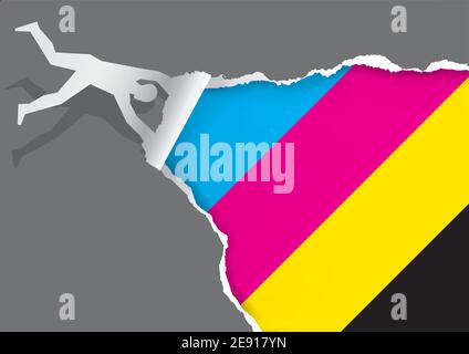Man blowing in the wind, tearing paper, with print colors, banner template.  Torn paper illustration. Concept for presenting color printing. Stock Vector