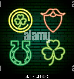 bundle of four saint patricks day neon lights in green wall Stock Vector