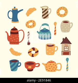 Set of tea ware. Cute teapots and mugs, donuts and croissants. Teaspoons, a jug for cream or milk, a tea bag storage house. Colorful cartoon vector is Stock Vector