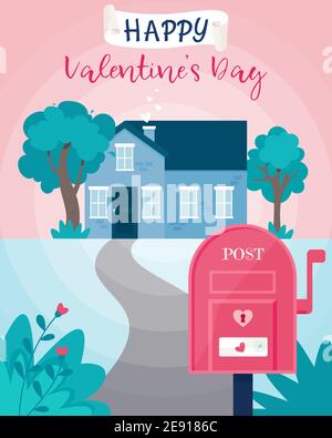 Happy Valentine’s Day greeting card with cute small house and mail post. Vector illustration in flat style Stock Vector