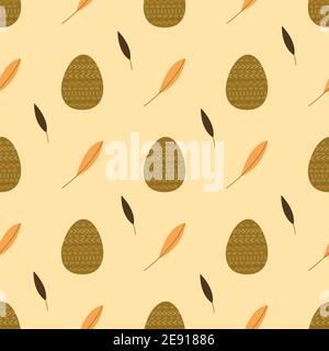 Seamless pattern with Easter eggs and leaves. Happy Easter. Colorful vector cartoon illustration. Suitable for wrapping paper, fabric, print Stock Vector