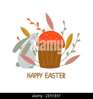 Rabbit sniffing Easter cake. Willow twigs and leaves. Colorful cartoon vector illustration isolated card. Inscription Happy Easter. Traditional food a Stock Vector