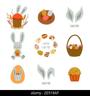 Set of elements for the holiday Easter. Rabbit with Easter cake, eggs in the nest, basket of colored eggs, bunny ears, round frame. Orthodox and Catho Stock Vector