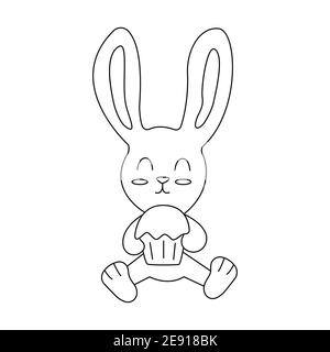 Cute hare sits and holds an Easter cake in his paws. Black and white doodle vector illustration isolated. Happy Easter. Traditional food and symbol fo Stock Vector