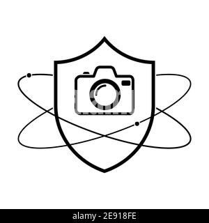 Shield with photo camera icon. Linear shield icon. Vector illustration. Photo camera protection symbol on white background Stock Vector