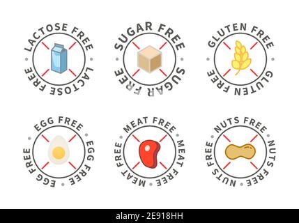Set of modern simple food icons, lactose free, sugar free, nuts free, egg free, meat free, gluten free on white Stock Vector