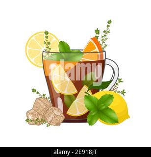 Hot healing herbal black tea with lemon, orange, mint, thyme and cane sugar. Vector illustration Stock Vector