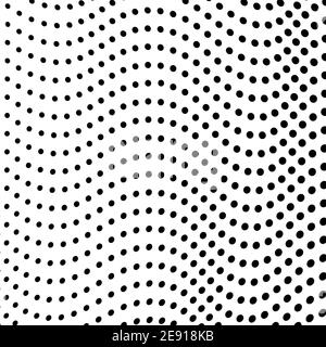 Black dots, spots, white background. Textured wavy lines. Monochrome op art pattern. Vector airy waves. Abstract halftone curves. Tech concept. EPS10 Stock Vector