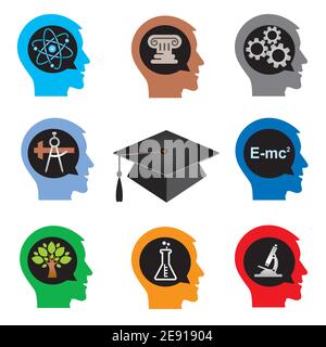 Education icons, male heads. Illustration of stylized silhouette of student with education symbols. Vector available. Stock Vector