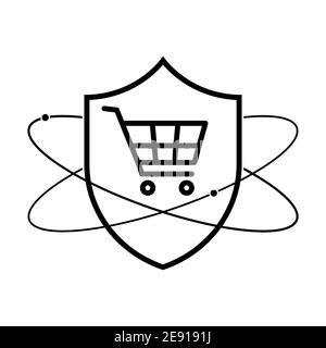 Shield with shopping cart icon. Linear shield icon. Vector illustration. Shopping protection symbol on white background Stock Vector