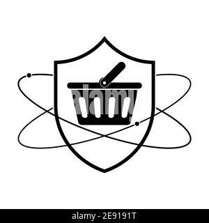 Shield with shopping basket icon. Linear shield icon. Vector illustration. Shopping protection symbol on white background Stock Vector