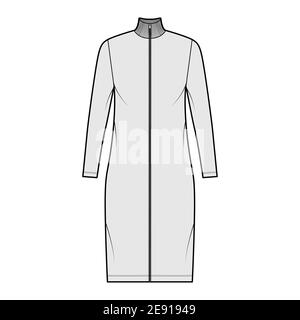 Turtleneck zip-up dress technical fashion illustration with long sleeves, knee length, oversized body, Pencil fullness. Flat apparel template front, grey color. Women, men, unisex CAD mockup Stock Vector