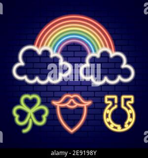 bundle of four saint patricks day neon lights in purple wall Stock Vector