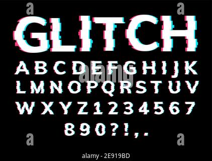 Glitch font letter game digital pattern. Glitch alphabet hipster font cool typography vhs effect Stock Vector