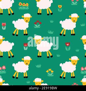 Seamless pattern with sheep on green background. Repeating kids vector background. Cute animal lamb illustration and flowers for fabric, textile Stock Vector