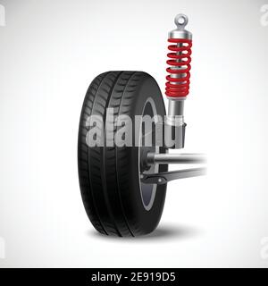 Car suspension realistic icon with wheel tire and shock absorber isolated on white background vector illustration Stock Vector