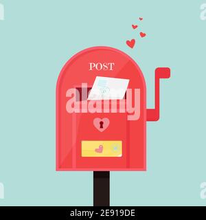 Mail box with envelope inside. Cute vector illustration in flat style, template for Valentines greeting card, poster, banner Stock Vector