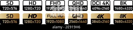 Set of video resolution icons, black and white or gold version Stock Vector