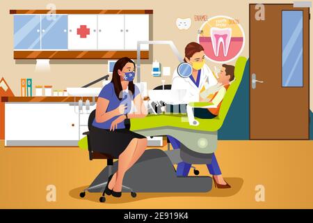 A vector illustration of Dentist Checking on a Kid Wearing Mask Stock Vector