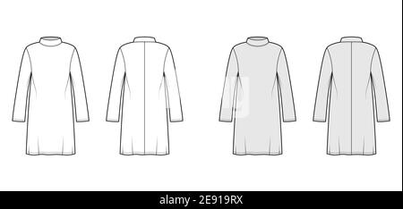 Tunic sweater technical fashion illustration with stand-away collar, long sleeves, oversized, knee length. Flat modest shirt apparel top template front, back, white, grey color. Women men CAD mockup Stock Vector