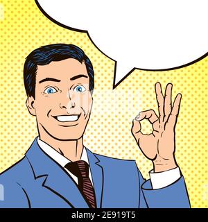 Comics book panel with smiling young man and a speech bubble making ok sign abstract vector illustration Stock Vector