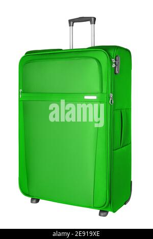 Green fabric travel suitcase with zipper, handle and lock white background isolated close up side view, large baggage case, big luggage trolley bag Stock Photo