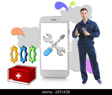 Repair technician with modern mobile phone on white background Stock Photo