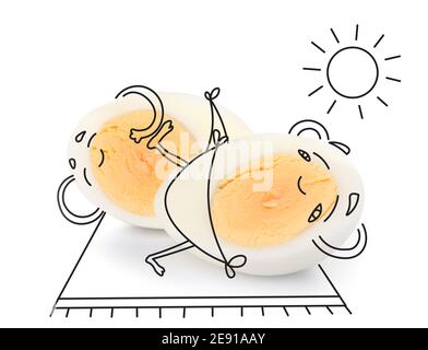 Funny chicken eggs relaxing on beach against white background Stock Photo