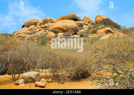 Bushes lay in front of the Ayo Rock formations on the Dutch West Indian island of Aruba, on a sunny 'blue sky' day. Stock Photo