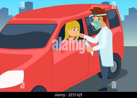 A vector illustration of Covid-19 Car Drive Through Test Stock Vector