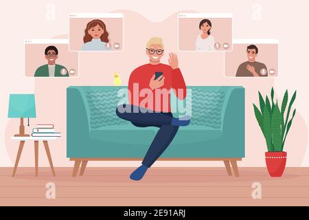Man with phone takes Video call conference with friends or colleagues sitting on sofa. Work from home concept. Vector illustration in flat style Stock Vector