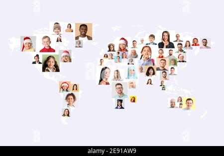 Collage of different people from around world on grey background Stock Photo