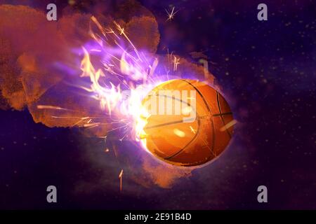 Flying burning ball for playing basketball on dark background Stock Photo