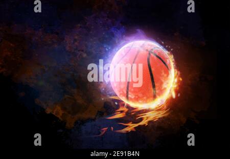 Flying burning ball for playing basketball on dark background Stock Photo