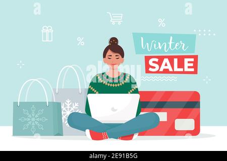 Woman buys goods in online store from home. Winter sale banner . Vector illustration in flat style Stock Vector