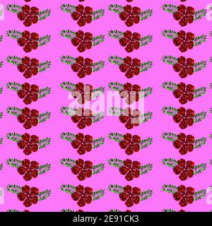 Seamless floral pattern with flowers filled with shiny red glitter on a pink background Stock Photo