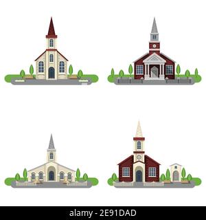 White and red brick churches and chapels with gardens flat color decorative icon set isolated vector illustration Stock Vector