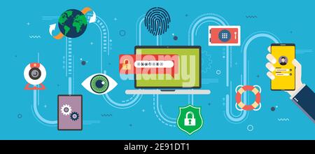 Privacy, protection and data security in internet. Technology and digital security, identity protection.Icon design in vector of webcam, computer, eye Stock Vector
