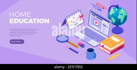 Online distance education technology from home banner Stock Vector