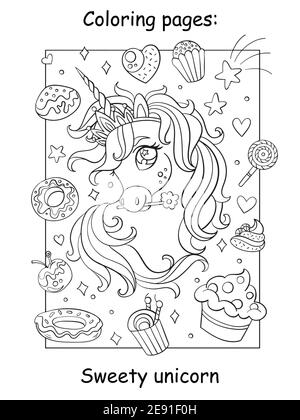 Cute Unicorn Head With Sweets And Cakes Coloring Book Page For Children With Colorful Template Vector Cartoon Isolated Illustration For Coloring Bo Stock Vector Image Art Alamy