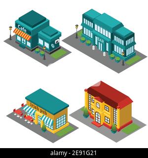 Cafe building isometric decorative 3d icons set isolated vector illustration Stock Vector