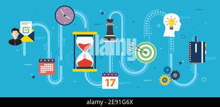 Time management strategy and deadline. Teamwork, leadership and productivity in business. Icon design in vector of clock, agenda, calendar, idea, team Stock Vector