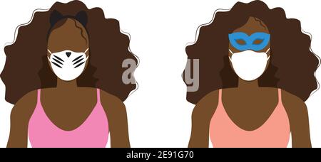 Brazilian woman wearing carnival costume and face mask. Brazilian carnaval with coronavirus. Stock Vector