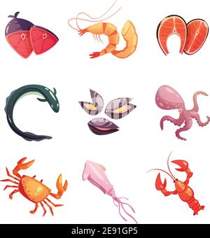 Colorful sea food retro cartoon flat icons set with shellfish octopus ...