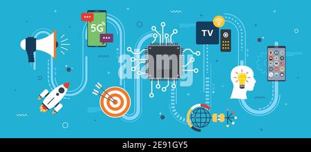 Internet of things and edge computing. High speed and 5G connection. Data analysis and management. Icon design in vector of rocket, TV, chip, megaphon Stock Vector