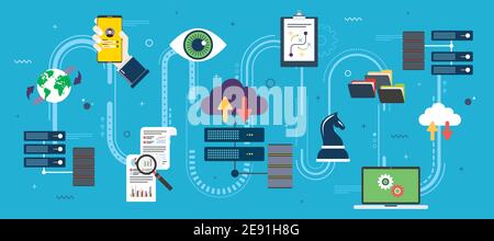 Computer network technology, cloud computing infrastructure and communication with the server database. Icon design in vector of laptop, files, eye, s Stock Vector
