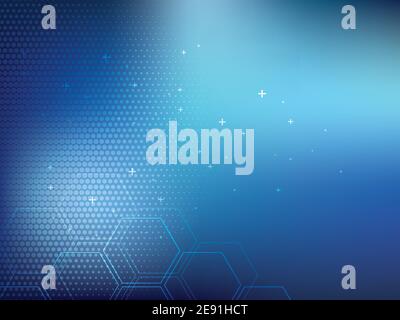 Blue abstract background technology with hexagonal shapes and half tone effect. Bright background and vibrant color. Stock Vector