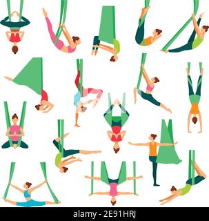 Aero yoga isolated decorative icons set with young girls doing anti gravity yoga exercises in special hammocks flat vector illustration Stock Vector