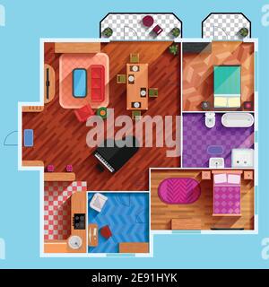 Top view of the interior of typical apartment with furniture dining room bedrooms kitchen bathroom and balcony flat vector illustration Stock Vector